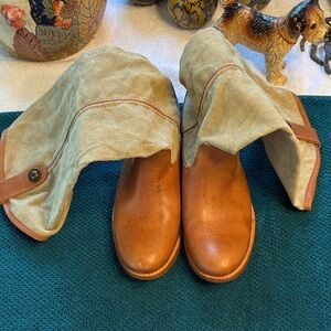 Frye Melissa Button Boot in Canvas Cognac Colored Leather Size 6B